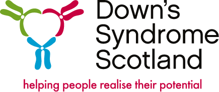 Logo of Down's Syndrome Scotland with a heart and chromosomes on a black background.