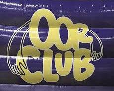 Inflatable tube with 'Oop Club' text in yellow on a blue background