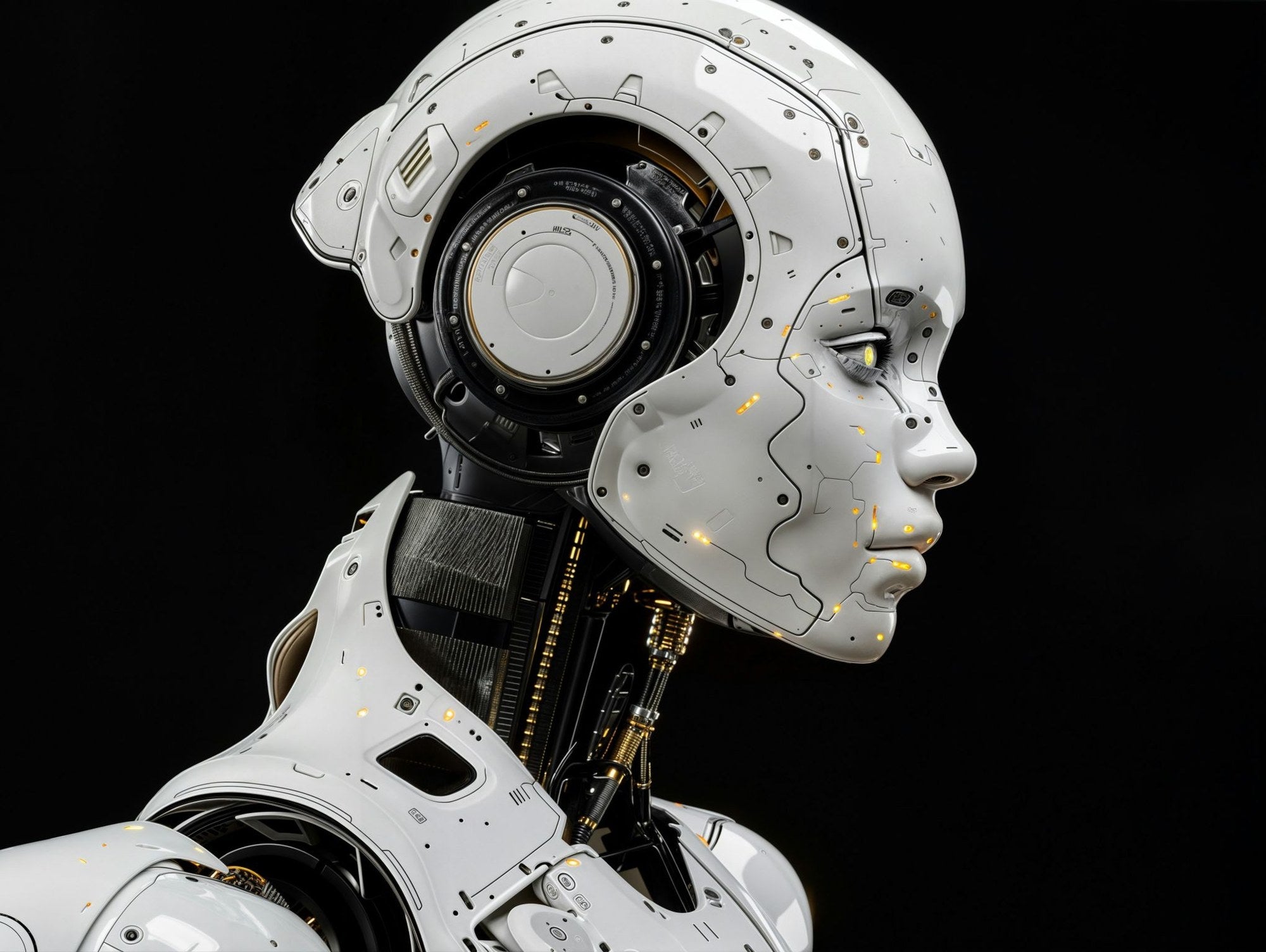 White humanoid AI robot in profile view with illuminated circuitry and gold accents against a black background, representing artificial intelligence readiness and governance assessment for leaders
