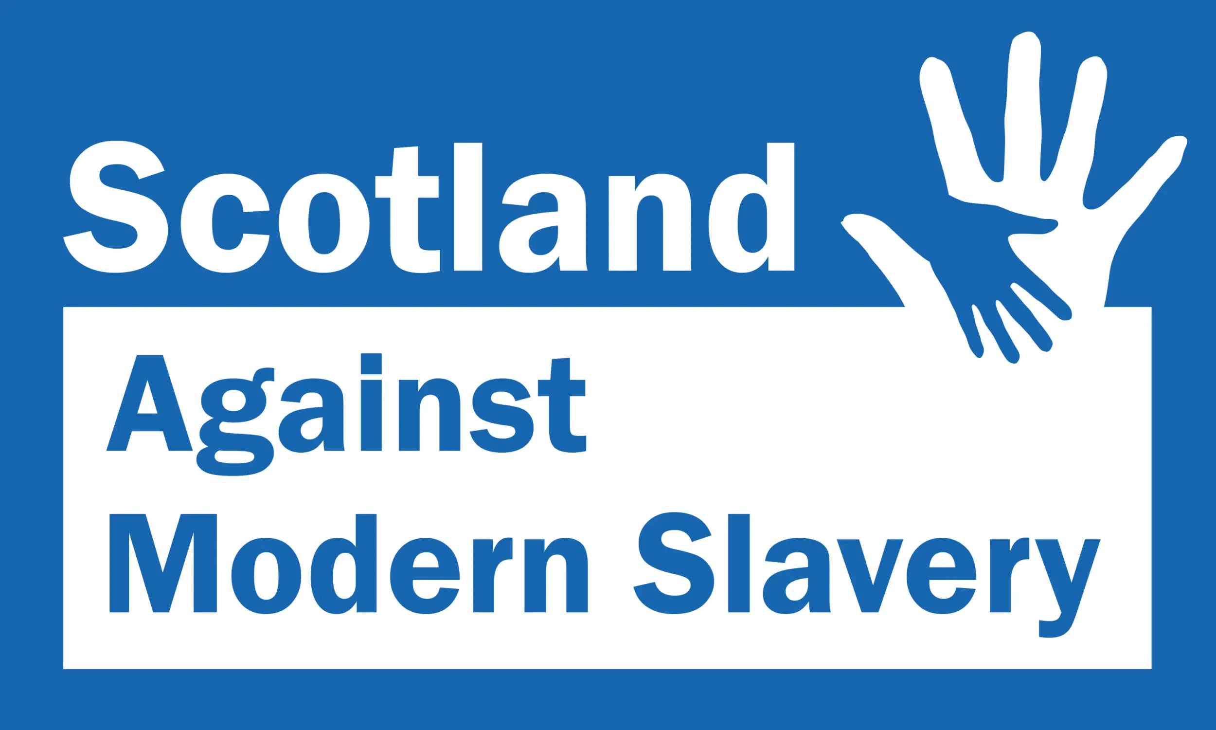 Logo for 'Scotland Against Modern Slavery' with a blue background and white text.