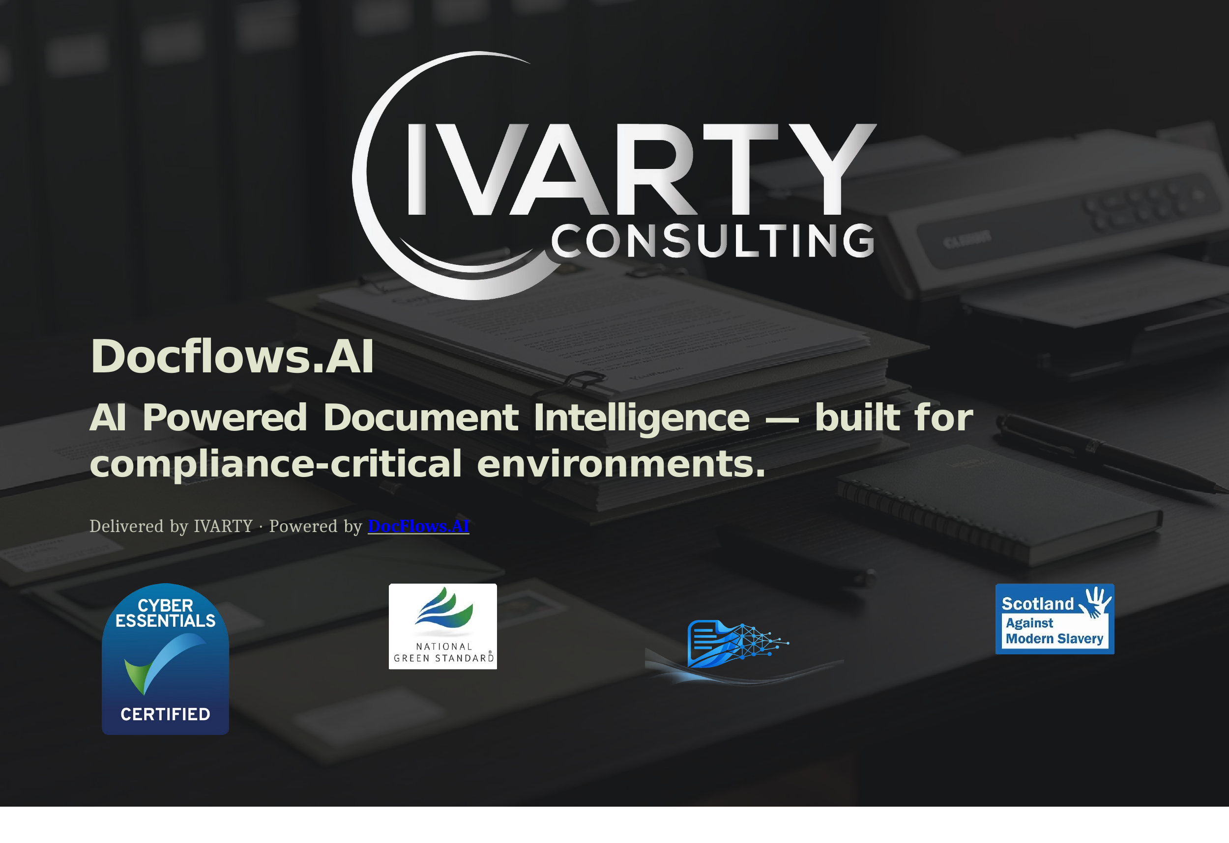 Docflows.AI brochure cover — intelligent document processing for document-heavy organisations.