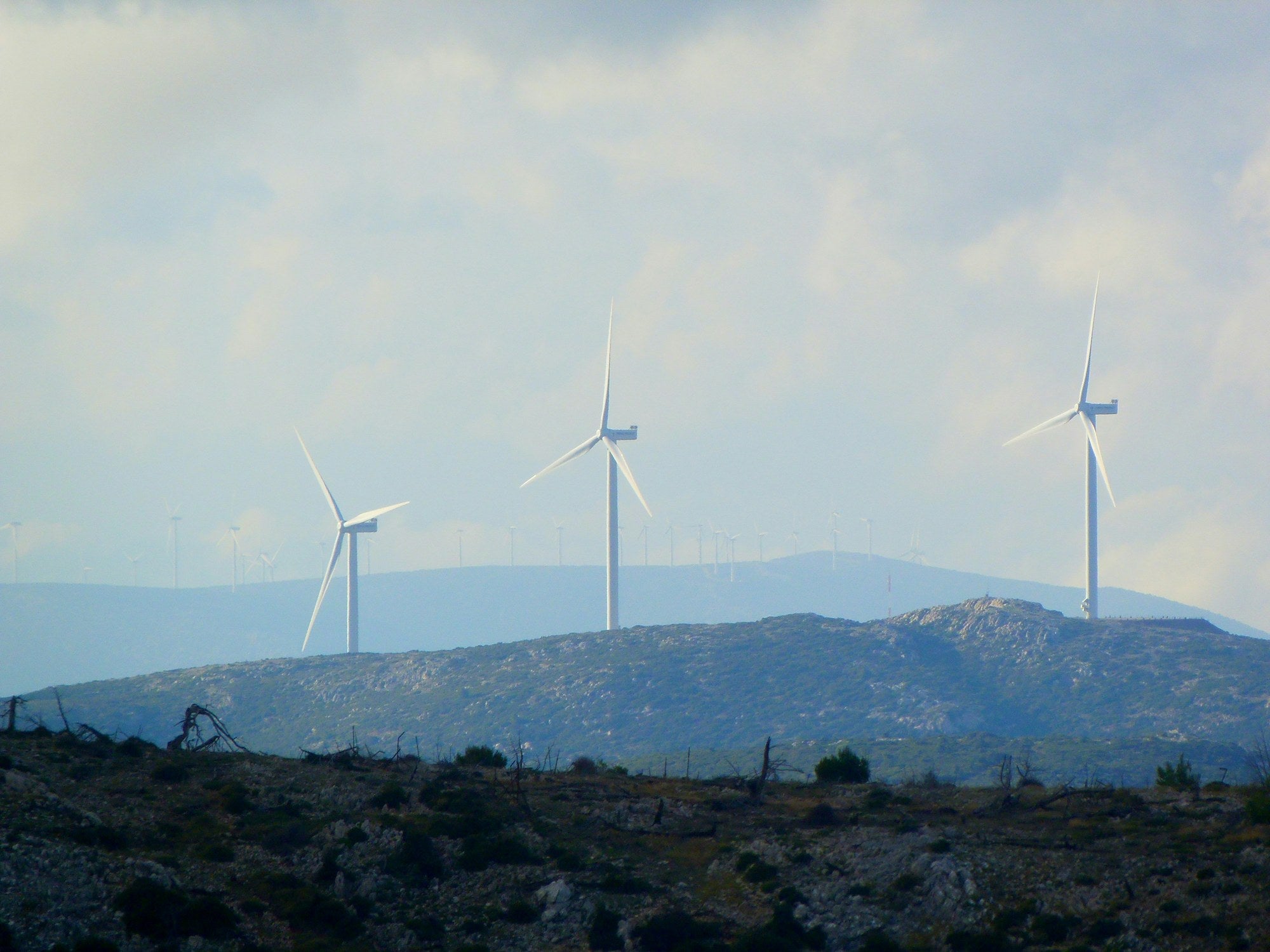 Wind turbines on a hillside against a blue sky, representing renewable energy and ESG sustainability compliance for the National Green Standard